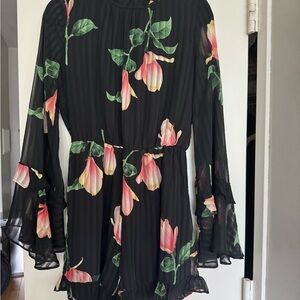 Lulu's Black Romper with Pink and Green Floral Accents